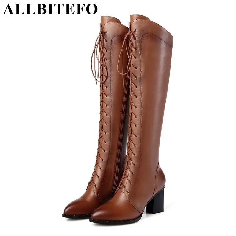 ALLBITEFO Fashion genuine leather pointed toe thick heel women knee high boots winter snow warm boots high heels mujer botas fashion slim rivets thick heel pointed toe zip winter snow boots genuine leather stretch fabric over the knee boots women boots