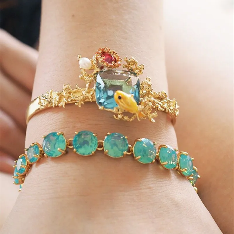 

2018 Amybaby Ocean Collection Goldfish Sea Urchin Aquatic Plant Pearls Blue Stone Womens Bangle Enamel Glaze Jewelry