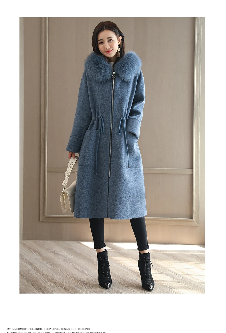 Женское зимнее модное шерстяное пальто с меховым воротником, зимнее пальто, Женское шерстяное пальто с капюшоном, длинные женские куртки размера плюс, твидовая куртка K3908