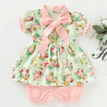 

2019 Newborn Baby Girls Clothes Short Sleeve Floral Print Dress+Shorts 2PCS Outfits Set Cute Clothing Sets Summer Sunsuit 12M-3Y