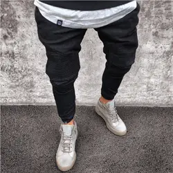 Модные черные джинсы брюки мужские 2018 брендовые новые Узкие рваные джинсы джинсовые брюки мужские высокие уличные хип-хоп плиссированные
