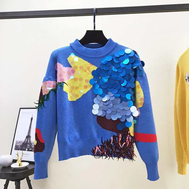 

2018 Winter New Fashion Women Sweaters Runway Long Sleeve O-Neck Sequined Female Blue Pull Pullovers Knitted Jumper Clothing