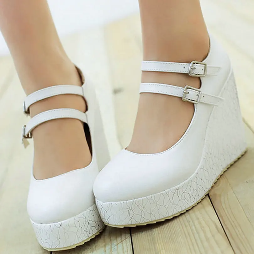White Wedge High Heel Ladies Summer Shoes PU leather Woman Pumps Round