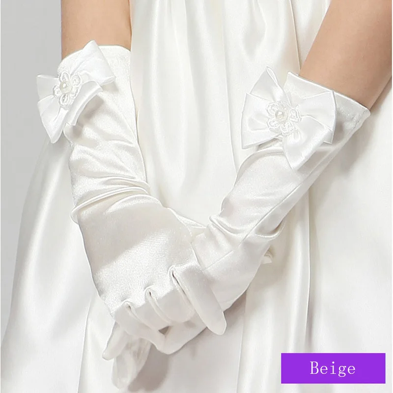 Elastic Girls Formal Etiquette Gloves Flower Satin Bow Pearl Long Lace Bow Gloves Children Princess Dance Kids Gift G65 girls formal gloves