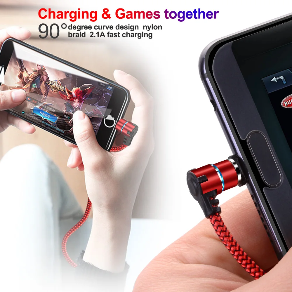 Магнитный зарядный кабель 90 градусов светодиодный кабель для iPhone XS Max 8 7 6 Plus samsung S10 S9 S8 и Micro USB кабель и usb type-C кабель