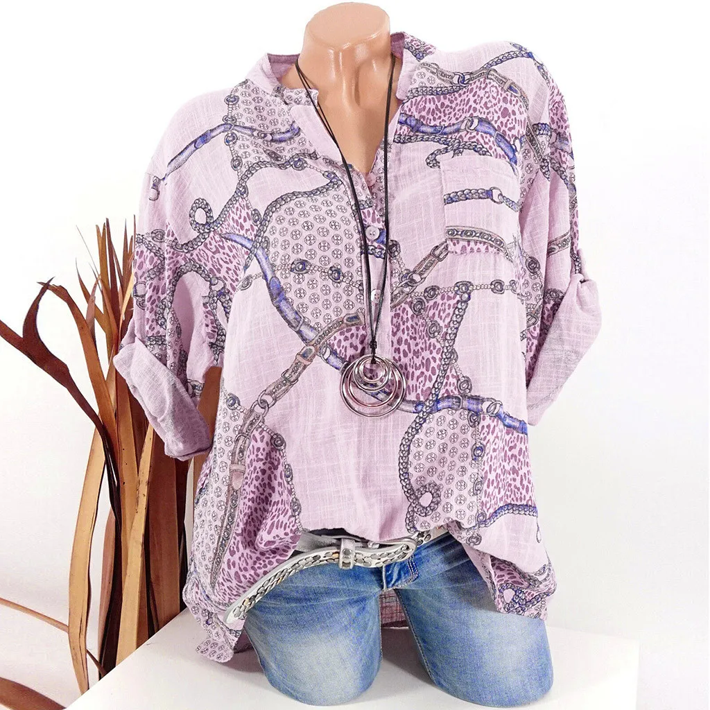 

Blouse Women Plus Size Print Button Long Sleeve V-neck Pullover Tops Shirt blusas mujer de moda 2019 womens tops and blouses