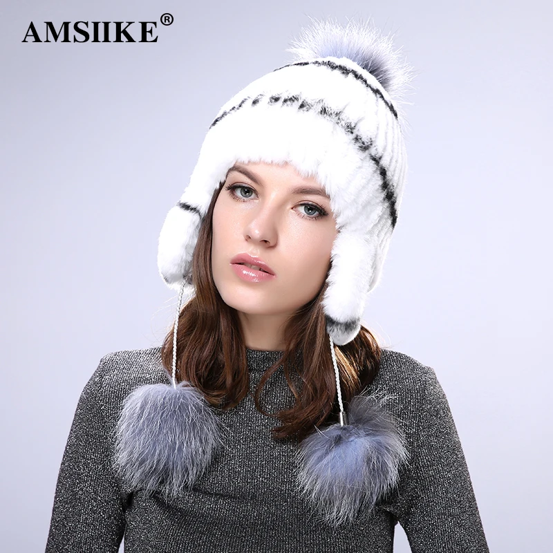 

AMSIIKE Women Hat 2019 Winter Rex Rabbit Fur With Fox Fur Female Cap Casual Bomber Hats Knitted Wool Lining Patchwork Cap TM707