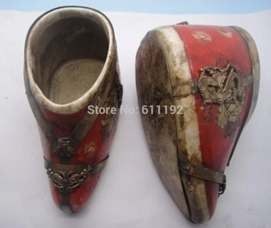 

Asian Chinese famous Lotus feet,Red Porcelain inlay Tibet Silver Dragon Pair Shoes Scuplture Metal crafts