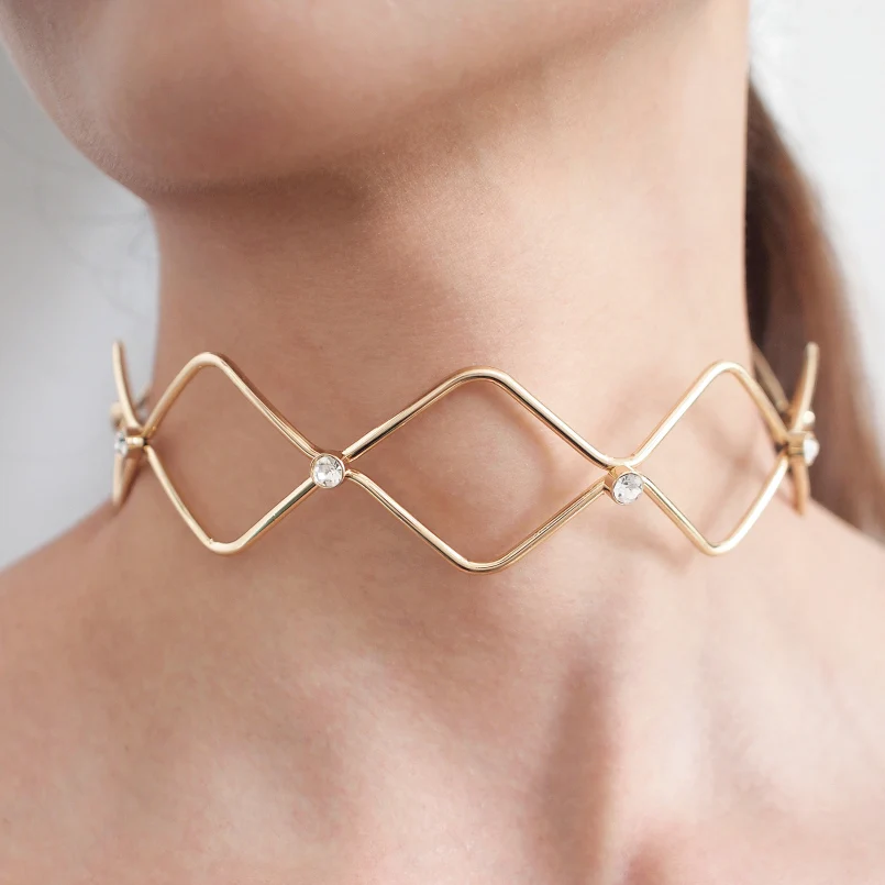 Punk Rhinestone Metal Wide Torque Necklace For Women Fashion Jewelry