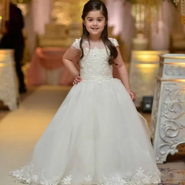 Best price at $101 Cheap Long Flower Girls Dresses For Wedding Gowns Mermaid Kids Evening Gowns Lace Girls Clothes Pageant Dress