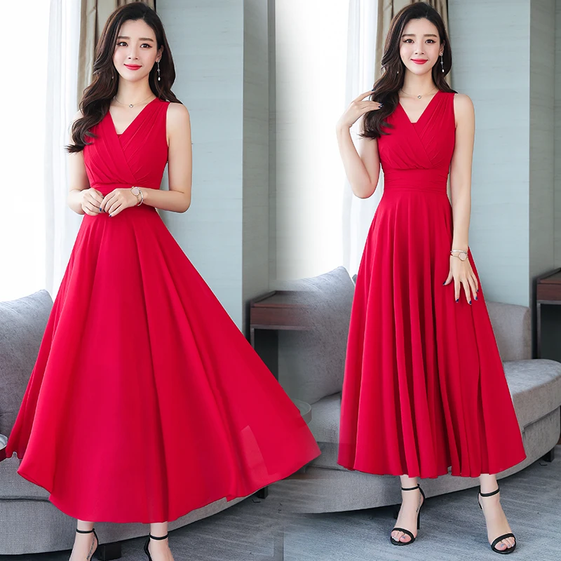 

HMH77H#V-neck Summer 2019 New Korean Fashion Long Chiffon Bridesmaid Dresses Graduation Dress Purple blue Famous Women Bohemia
