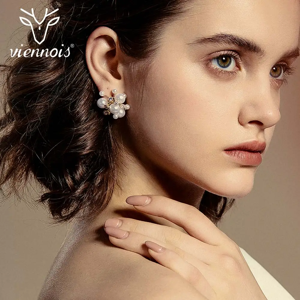 

Viennois Rhinestone Light Gold Color Women Simulated Pearl Stud Earrings Wedding Geometric 925 Sterling Silver Pin Earrings