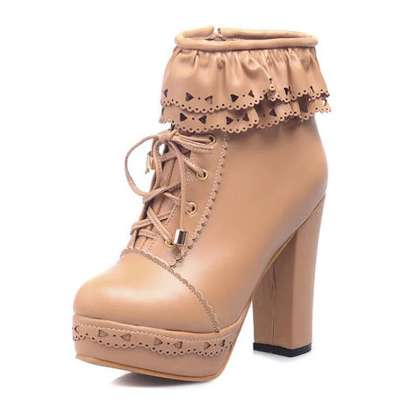 Winter New Lolita Boots Shoes For Woman Platform High Heel Sweet Bow Ruffles Women Ankle Boots Lolita Princess Shoes Big Size 43 (2)