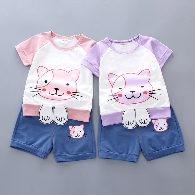 

Summer Casual Girl Clothing Kids Clothes Lovely Cat face T-Shirt Solid color Shorts 2pcs/Sets Infant Children Costume Tracksuits