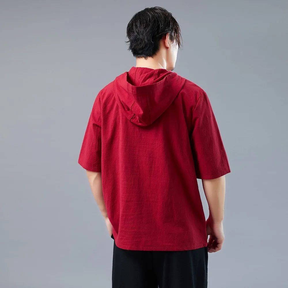 LZJN 2019 Men's Shirt Summer Style Hooded Short Sleeve Blouse Top Men New Casual Embroidery Cotton Linen Shirt Camisas De Hombre (15)