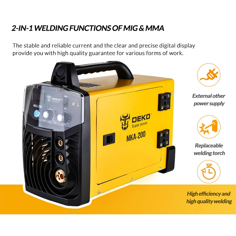 DEKOPRO MKA-200 200A 4.9KVA IP21S Inverter Arc MIG 2 IN 1 Electric Welding Machine w/ Replaceable Welding Gun MMA Welder DEKOPRO MKA-200 200A 4.9KVA IP21S Inverter Arc MIG 2 IN 1 Electric Welding Machine w/ Replaceable Welding Gun MMA Welder