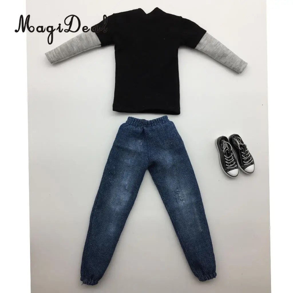 MagiDeal Cloth 1/6 Scale Mens Clothes Dark Gray Long T-shirt Denim Jeans Canvas Shoes Set for 12 Inch Male Action Figures Body
