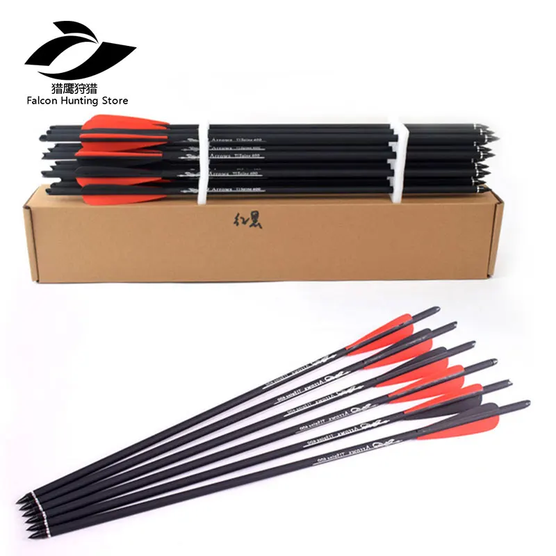 

Archery Hunting 12pcs Crossbow Carbon Arrow 16/20 Inches Spine 400 with Red and black Feather for Crossbow Shooting