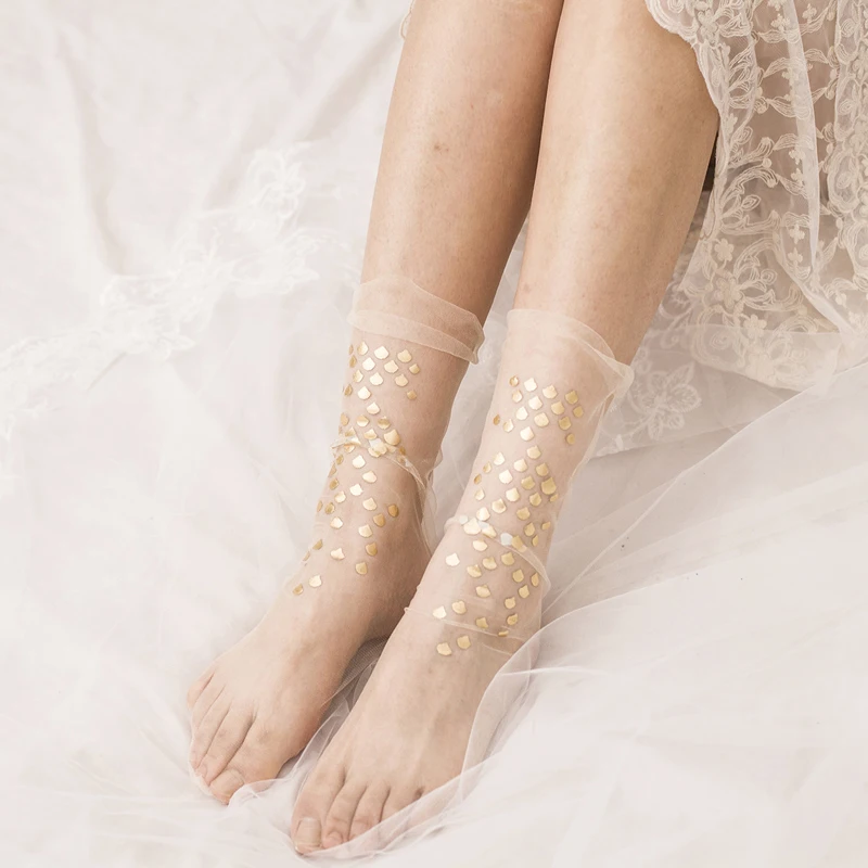 Woman Summer Trendy Shiny Socks Chic Crystal Long Thin Gauze Nylon Sequined Soxs