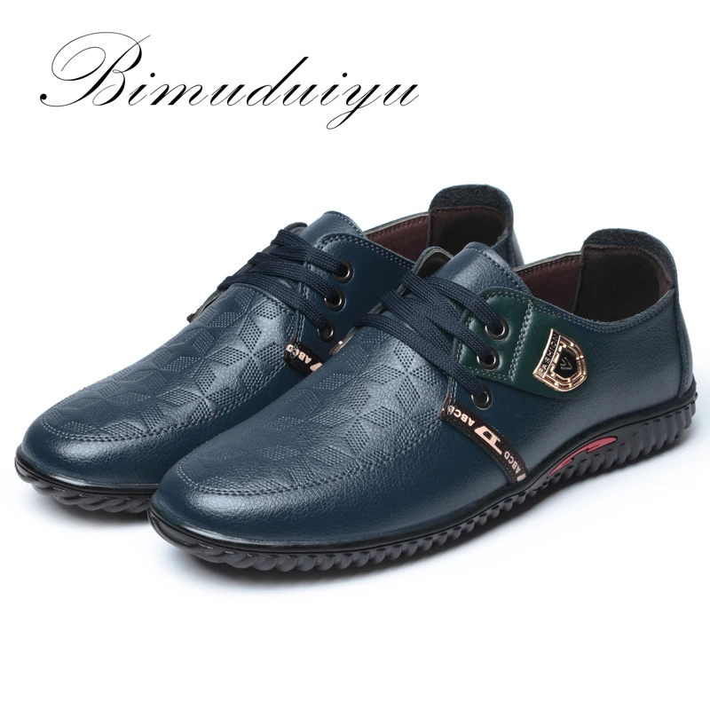 BIMUDUIYU Luxury Brand Hot Sale Breathable Soft Men Casual Leather Shoes Lace-up Flat Black Shoes Zapatillas Deportivas Hombre