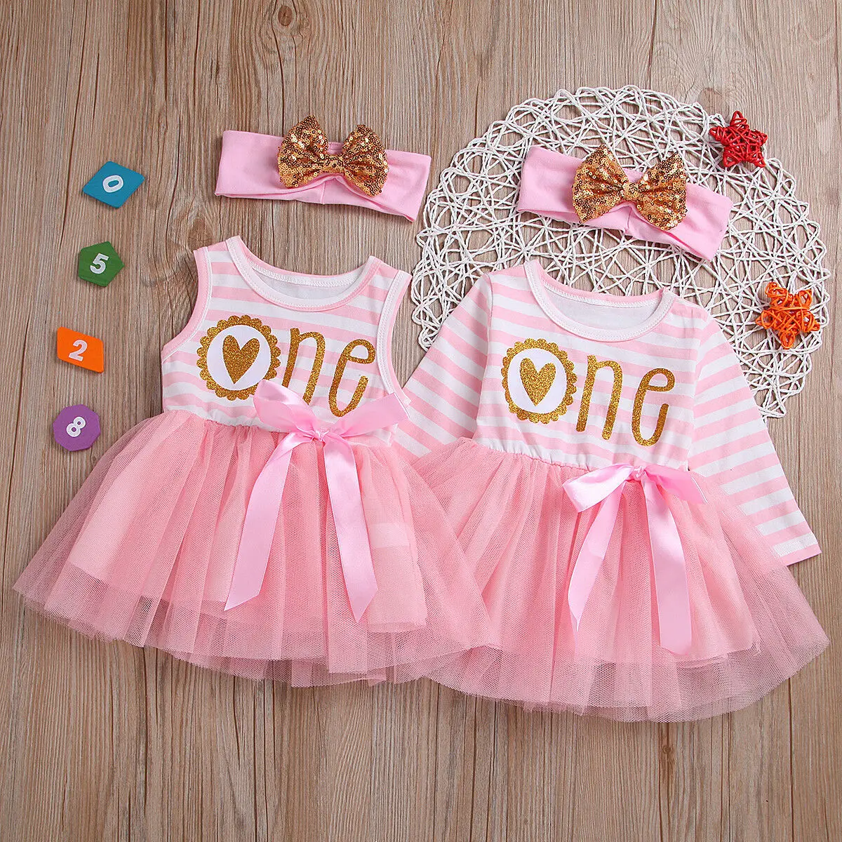 

Sleeveless One Letter Print Stripe and Mesh Birthday Dress For Baby Girl