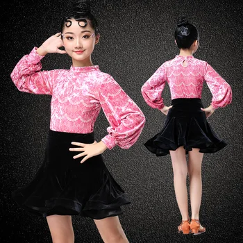 

Children Long Sleeve Latin Dress Round Neck Printing Lantern Sleeve Latin Dance Dress Diamond Girls Standard Ballroom Dancing