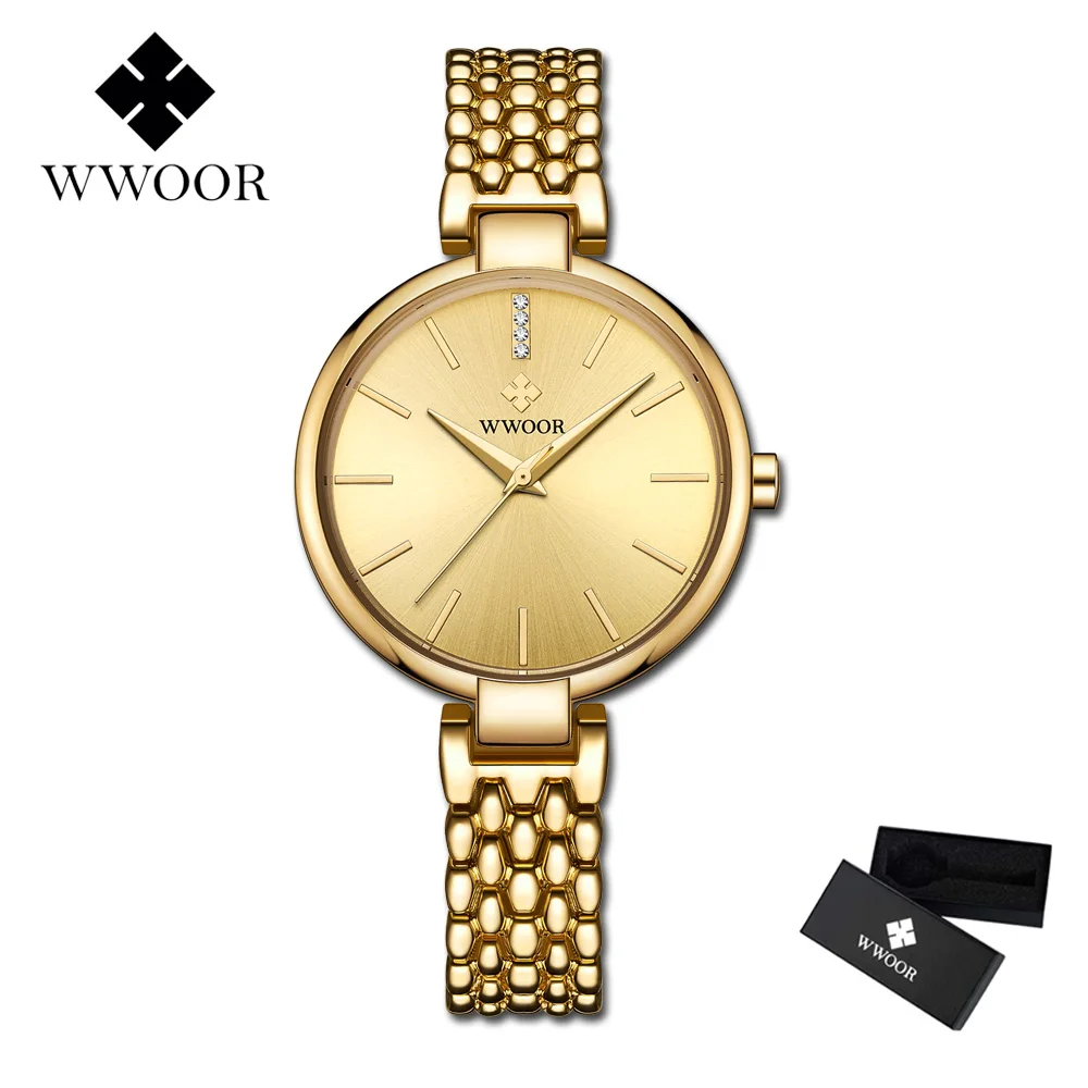 WWOOR женские часы, брендовые роскошные женские ультра-тонкие часы, ремешок из нержавеющей стали, водонепроницаемые часы, кварцевые часы, Reloj Mujer, коробка - Цвет: Золотой