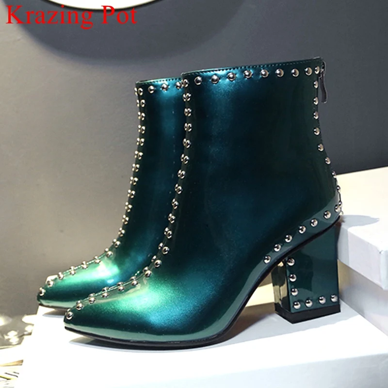 

2019 superstar microfibe high quality rivet square heel ankle boots elegant concise brand luxury nightclub winter shoes L80