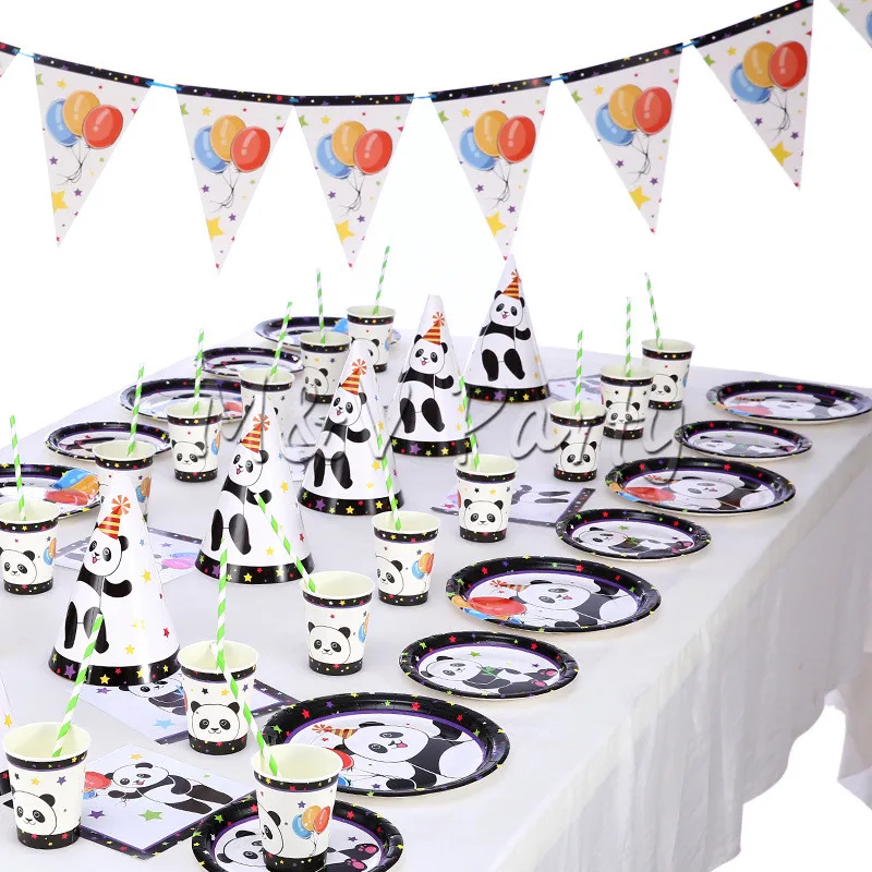 

Cartoon Panda Theme Party Disposable Tableware Paper Cup Plates Black and White Panda Children's Day Party Decoration Supplies