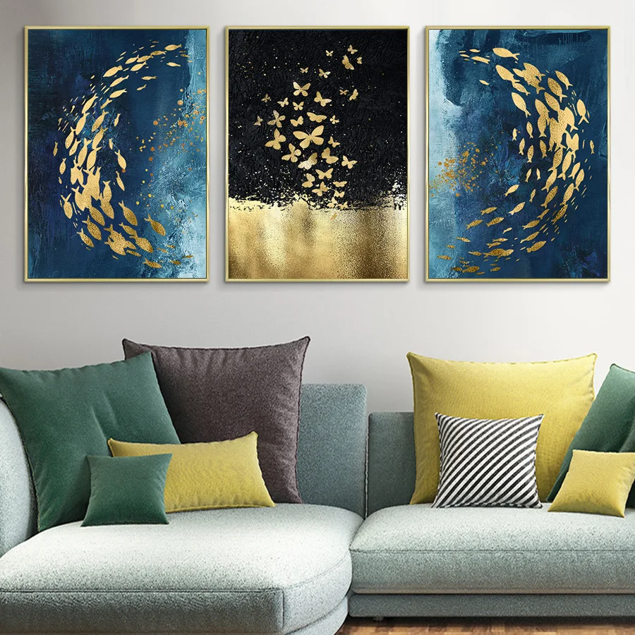

Wall Art Abstract Animals Pictures Butterflies Fish Canvas Paintings Modern Luxury Blue Gold Posters and Prints Pop Art Decor