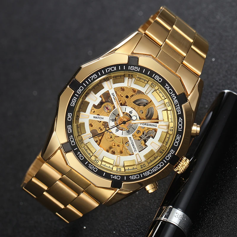 Люксовый бренд WINNER антикварный Скелет механические часы для мужчин нержавеющая сталь золотой ремешок наручные часы Relogio Masculino