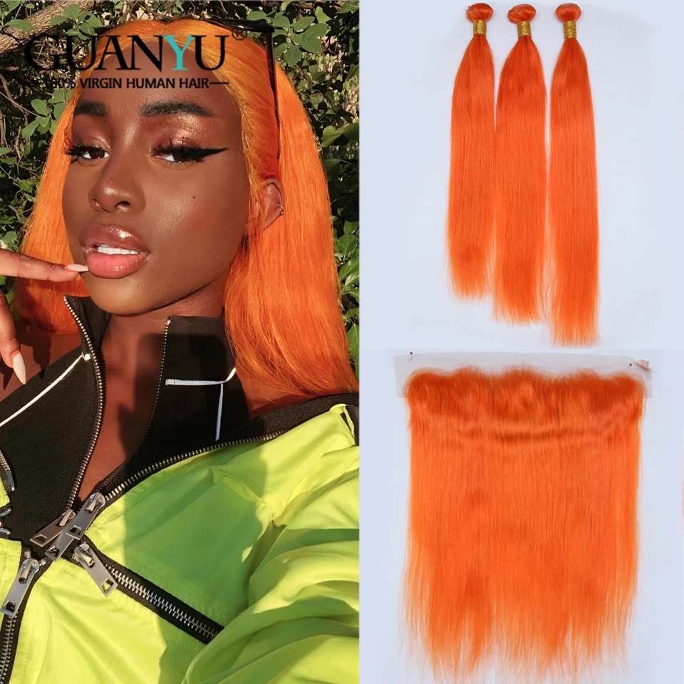 Guanyuhair индийские предварительно цветные светло-оранжевые волосы remy переплетения пучки с 13*4 синтетический фронтальный человеческие волосы с волосами младенца
