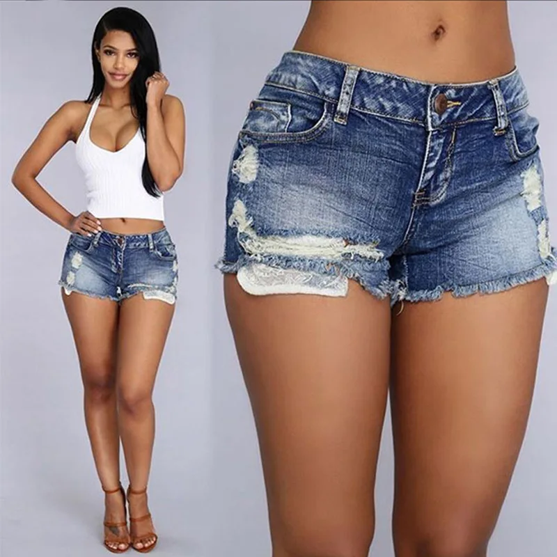 2017 Summer Vintage Ripped Dark Blue Denim Shorts Women Casual Pocket