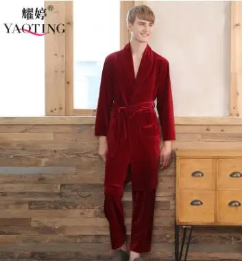 С длинным рукавом мужской велюровый Халат набор зимние однотонные платья брюки набор сплошной пояс с карманами мужской комплект для отдыха - Цвет: wine red