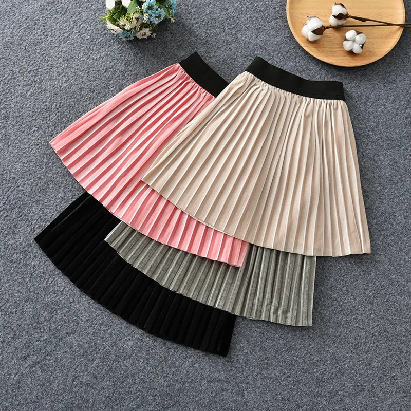 

New velvet pleated knee long girls skirt summer winter casual smooth skirt girl tutu high waist elastic pleated skirt SK19021
