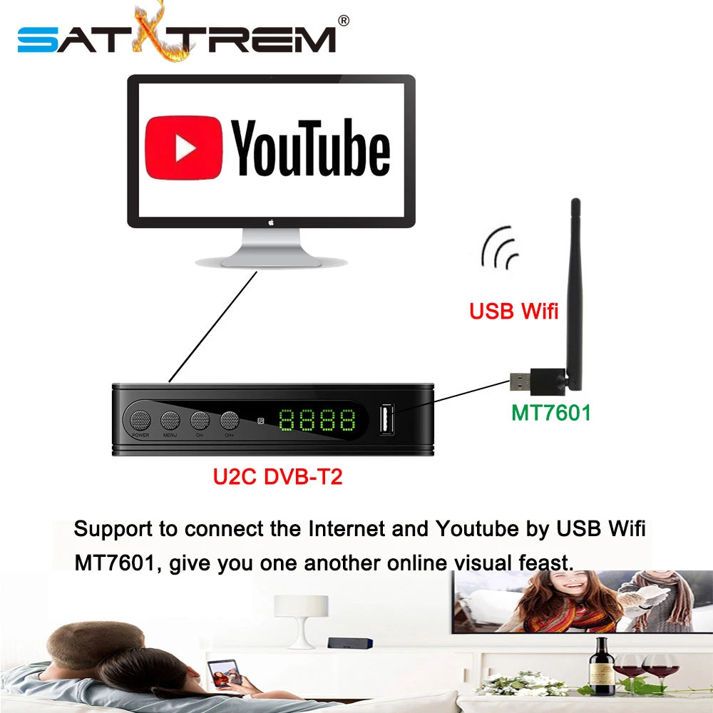 U2C ТВ-тюнер Vga DVB T2 цифровой ТВ-приставка к ТВ s DVB-T2 декодер с Wifi MT7601 ресивер для русского DVB T2 C медиаплеер