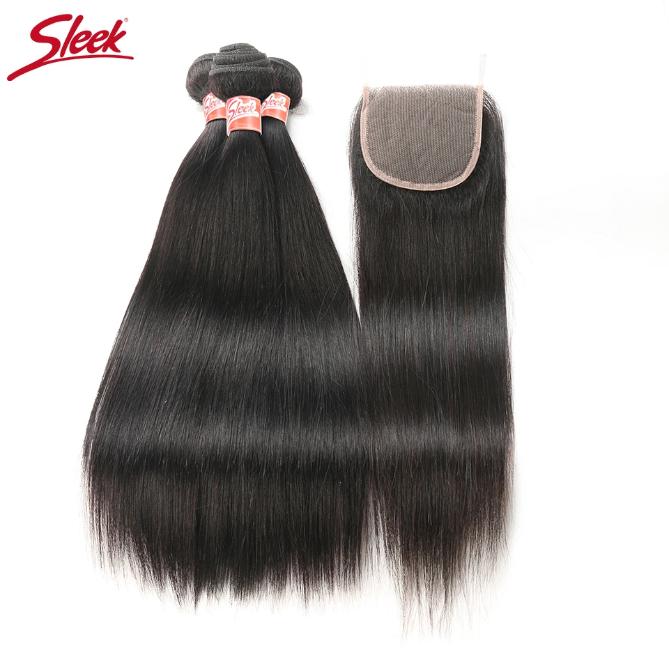 

Sleek Brazilian Straight Hair Bundles With Closure Natural Color Non Remy Human Hair 3 Bundles With Closure Free Shipping