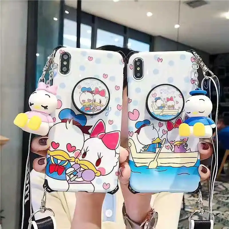 

Cute Cartoon Donald Duck unicorn Mini doll lanyard cover case for iphone 6 s 7 8 plus X XR XS MAX Daisy stand holder phone couqe