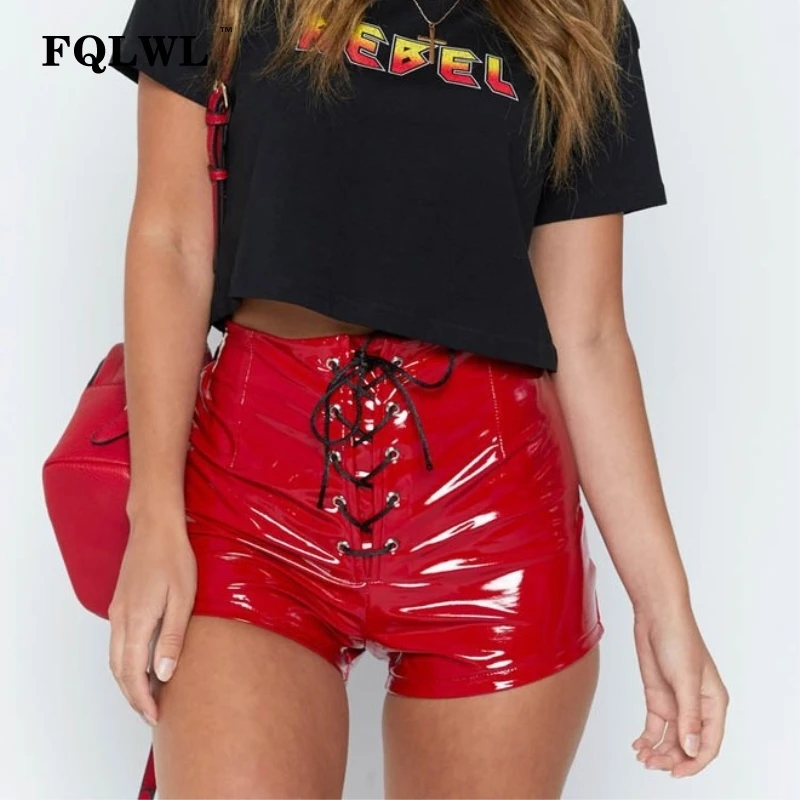 FQLWL, шорты из искусственной кожи, женские шорты на шнуровке, красные, черные, шорты с высокой талией, женские сексуальные бандажные Мини-шорты на пуговицах - Цвет: Красный