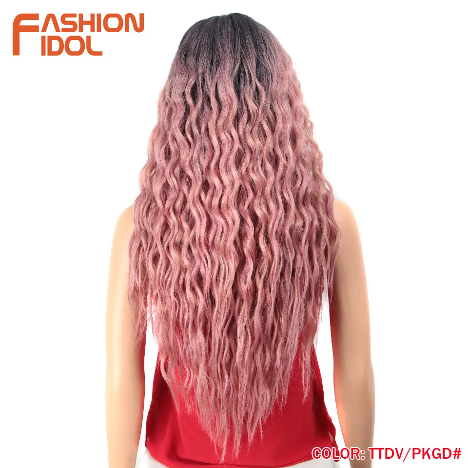 FASHION IDOL 28 inch Hair Synthetic Lace Front Wigs For Black Women Soft Loose Wave Hair Ombre Brown Pink Heat Resistant Hair - Цвет: TTDV-PKGD