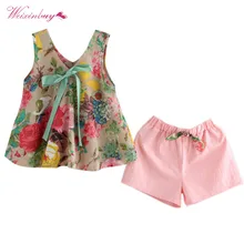 Детская одежда для девочек летний комплект для девочек, детская блузка с цветочным рисунком, жилет+ шорты, костюм комплекты одежды для маленьких девочек