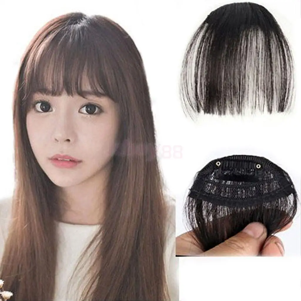 

Natural Clip In on Bangs Human Hair Extensions Straight Front Neat Fringe Dark Brown