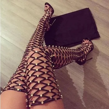 

Sexy Rome Style Cut-Outs Thigh High Sandals Studded Rivets Long Gladiator Sandals Open Toe High Heels Shoes Woman Big Size 42