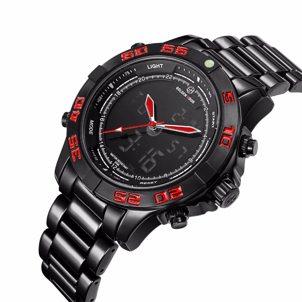 

Goldenhour Sport Double display Men Wristwatch Fashion Casual Men Quartz Watch LED Week Display Army Alloy Strap Male Clock