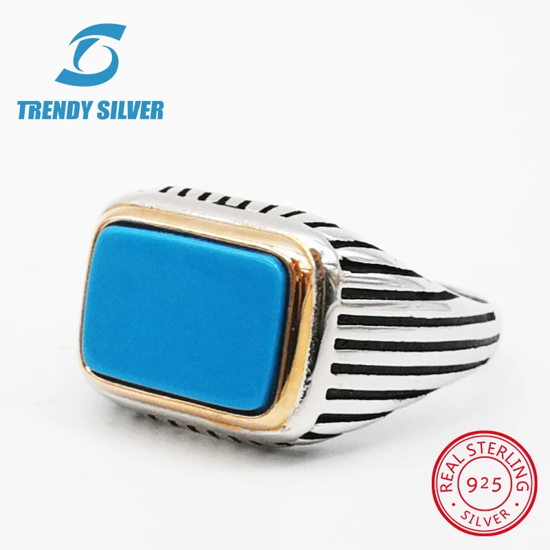 

silver 925 fine jewelry man rings men accessories turquoise gemstone natural onyx agate wholesale TRENDY SILVER TCR823