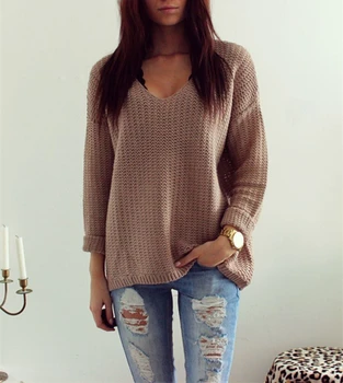 

2017 Women autumn Long Sleeve Knitted Loose Sweater hollow out v-neck solid pullover Outwear Casual Sweater