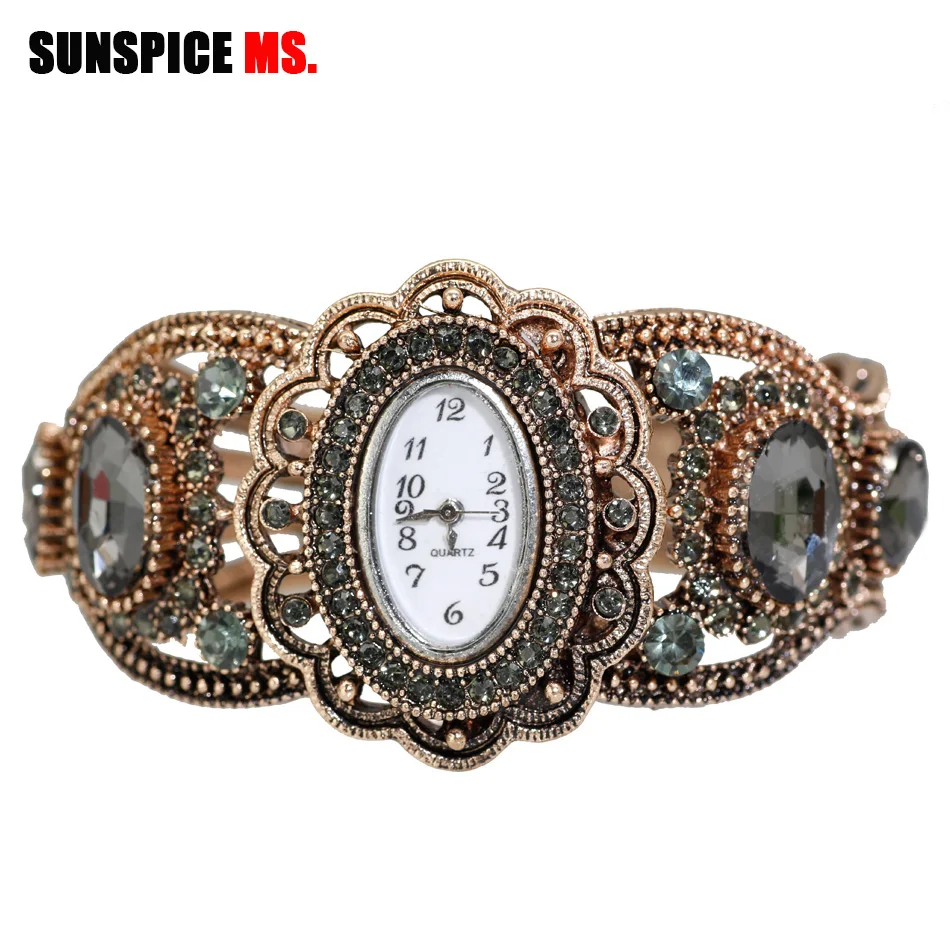 

NEOVISSON Quartz Wristwatch Retro Vintage Bangle Cuff Watch Women Antique Gold Color Hollow Flower Indian Jewelry Gray Crystal