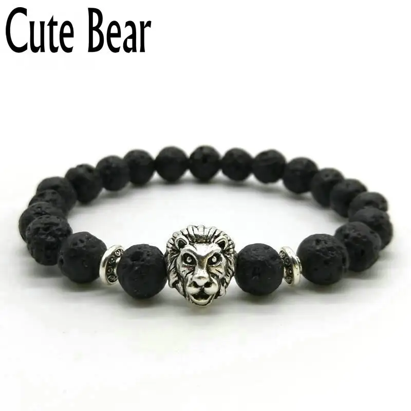 Popular Antique Gold Leo Lion Head Bracelet Men Black Matte Bead Lava