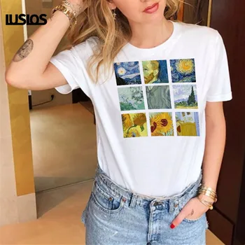 

LUSLOS Van Gogh Classic Works Print Women Harajuku T Shirt Hipster Summer Short Sleeve Tshirt Female White Super Soft Tee Shirt