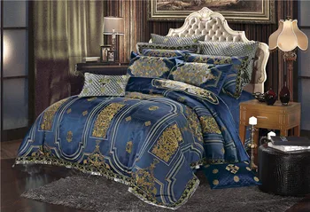 

Silk Cotton Luxury Satin Jacquard Blue Bedding Set Queen King size Oriental Bedding Sets Bed Sheet/Spread Set Duvet Cover 40
